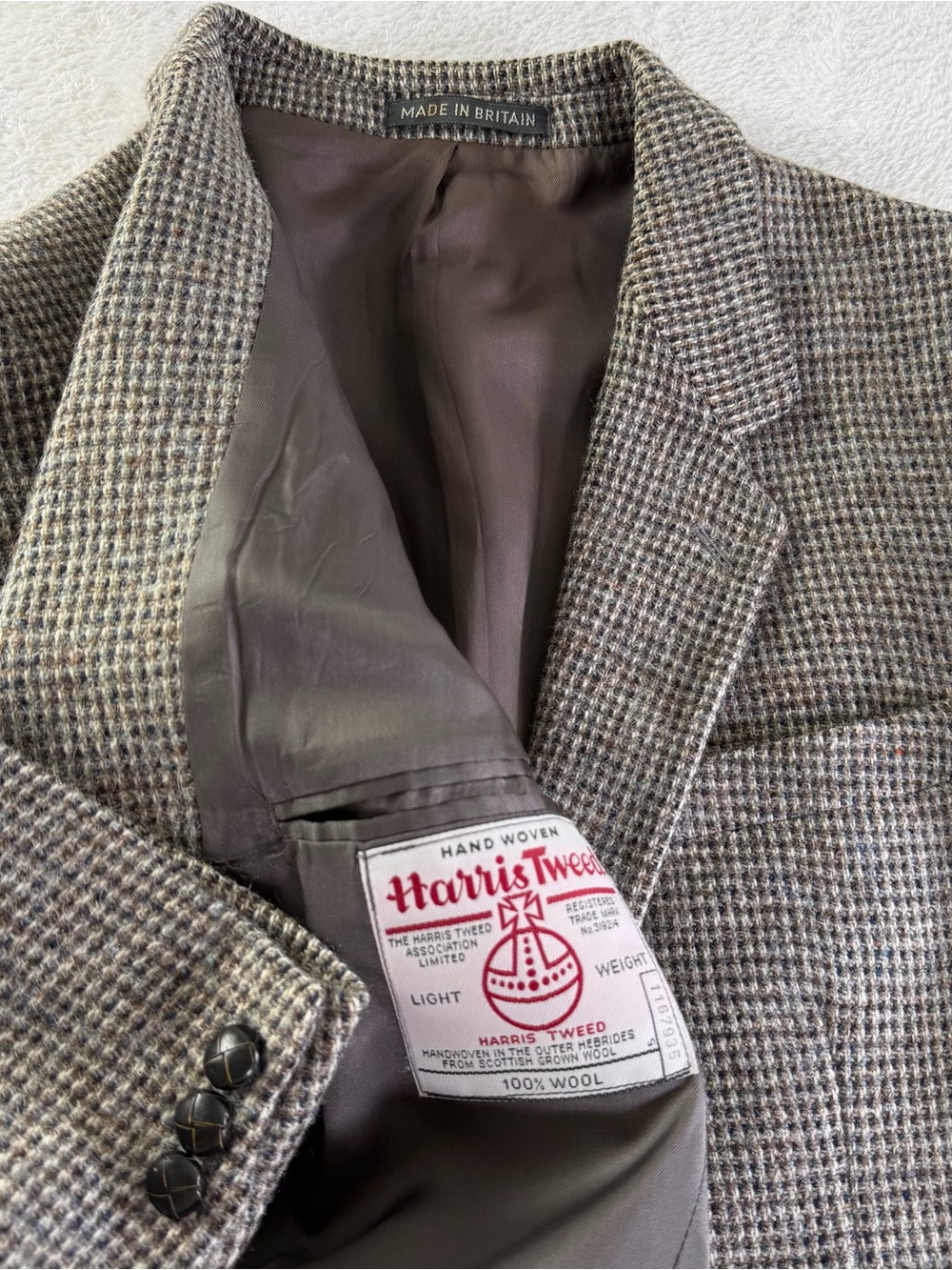Harris Tweed 100% Wool Blazer 40R Made in Britain Gray Brown Houndstooth